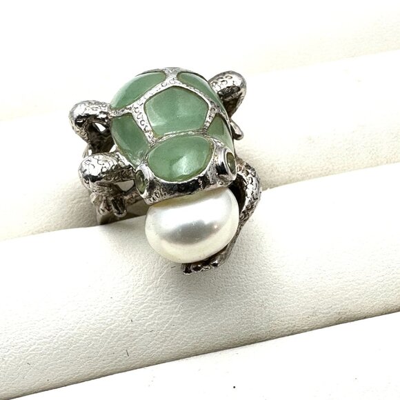 Green Jade Pearl Sterling Silver Frog Design Ring Size 6 - Picture 3 of 4
